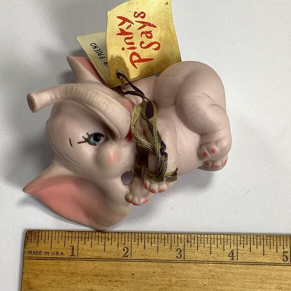 Vtg Papel Japan Pink Elephant Figure Ceramic With Tag Pinky Says Rings Luck - Picture 8 of 11